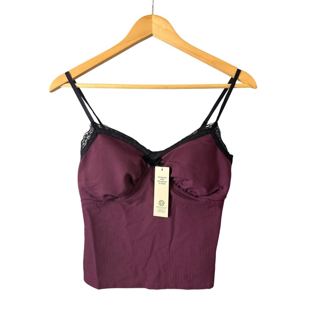 NWT Lace Trim Tank Top Women’s XS Purple Y2K Black Velvet Bow Stretch Push Up